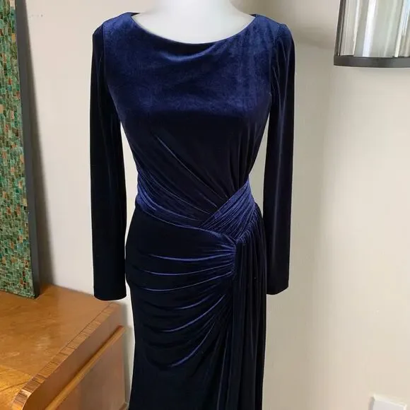 Vince Camuto Size 8 Maxi Dress Gown Midnight Blue Velvet Draped Formal Holiday - Picture 2 of 12